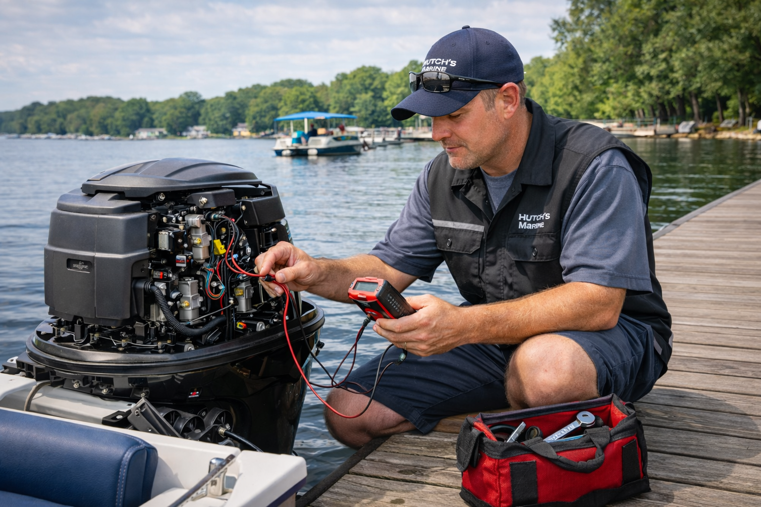 Marine technician performing outboard motor diagnostics on pontoon boat docked on Coldwater Lake Michigan