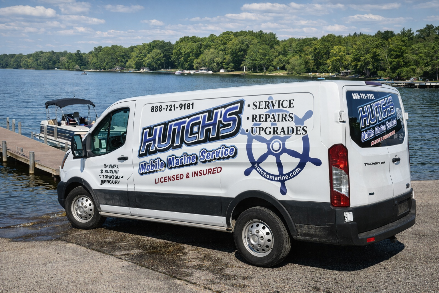 Hutch’s Marine mobile marine service van at boat launch on Coldwater Lake Michigan