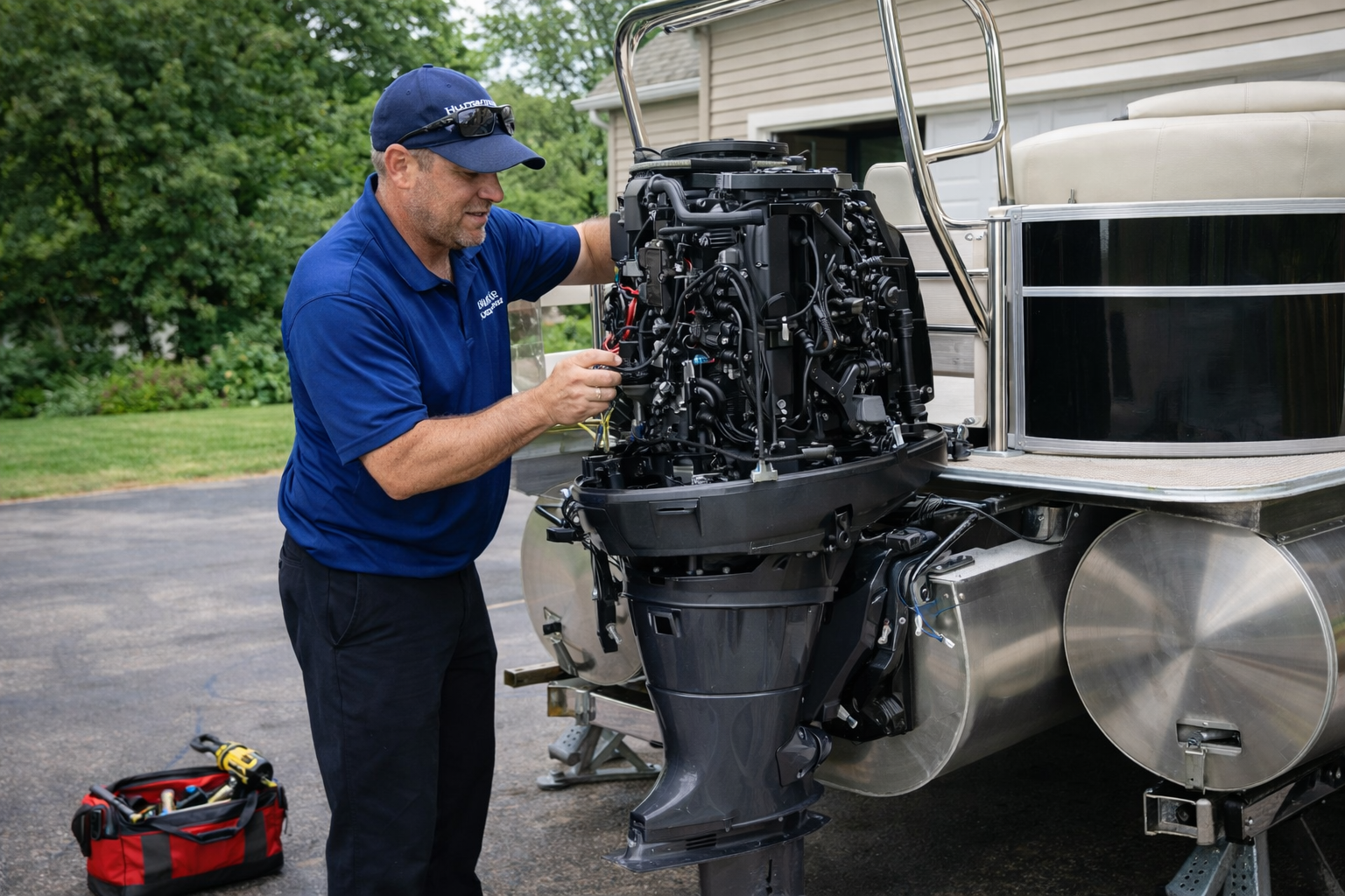 Mobile marine technician servicing pontoon boat outboard motor at lake home in Branch County Michigan
