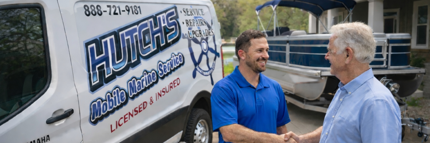 Mobile marine service technician meeting pontoon boat owner at lake home near Coldwater Lake Michigan